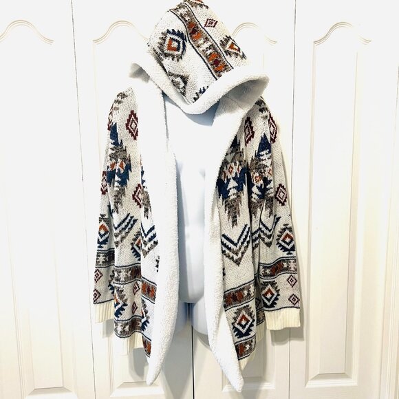 Almost Famous Tops - Almost Famous-Aztec Juniors Large Cream/Sherpa Hooded Open Front Cardigan-Soft